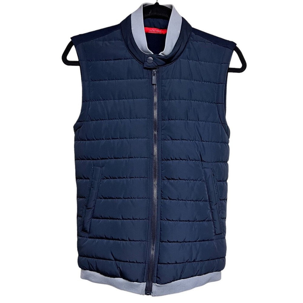 Zara Mens Vest Jacket Blue Quilted Sleeveless Full Zip Pockets Size Small